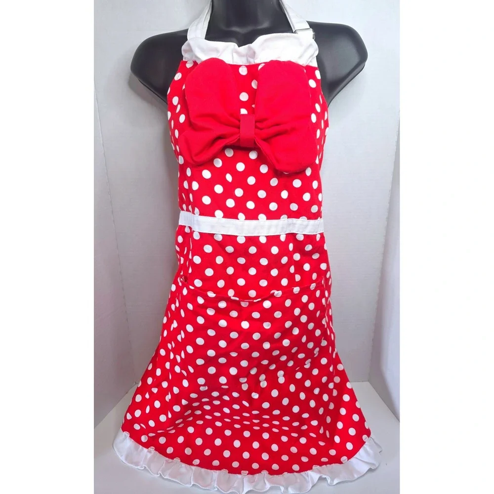 Disney Minnie Mouse Red Polka Dot Apron with Bow Pocket Ruffle Trim Adult Size
